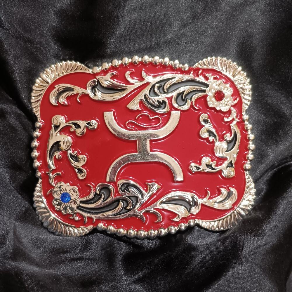 Men's Western Belt Buckle Red and silver design w cowboy concho Rectangular